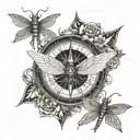 A compass surrounded by turtle shells and dragonfly wings tattoo design idea