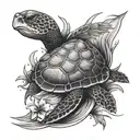 A turtle surfing on a wave with dragonfly wings for a lover of the ocean and mystical creatures tattoo design idea