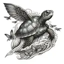 A turtle surfing on a wave with dragonfly wings for a lover of the ocean and mystical creatures tattoo design idea