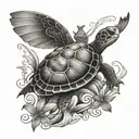 A turtle surfing on a wave with dragonfly wings for a lover of the ocean and mystical creatures tattoo design idea