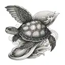 A turtle surfing on a wave with dragonfly wings for a lover of the ocean and mystical creatures tattoo design idea