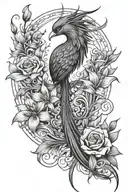 Phoenix bird with a long tail and in the tail are lilies, roses, and dragonflies tattoo design idea