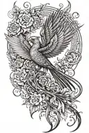 Phoenix bird with a long tail and in the tail are lilies, roses, and dragonflies tattoo design idea