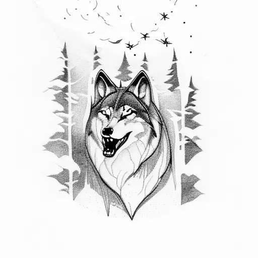 A mystical scene of a wolf howling at the moon in a forest with birds flying overhead tattoo design idea