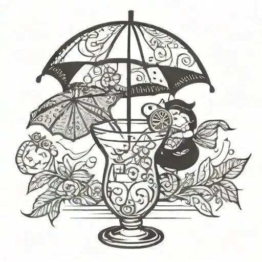 A whimsical cocktail glass with a straw and umbrella, incorporating a subtle nod to motherhood by adding a small child silhouette in the background tattoo design idea