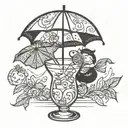 A whimsical cocktail glass with a straw and umbrella, incorporating a subtle nod to motherhood by adding a small child silhouette in the background tattoo design idea