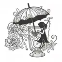 A whimsical cocktail glass with a straw and umbrella, incorporating a subtle nod to motherhood by adding a small child silhouette in the background tattoo design idea