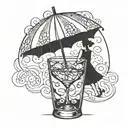 A whimsical cocktail glass with a straw and umbrella, incorporating a subtle nod to motherhood by adding a small child silhouette in the background tattoo design idea