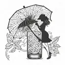 A whimsical cocktail glass with a straw and umbrella, incorporating a subtle nod to motherhood by adding a small child silhouette in the background tattoo design idea