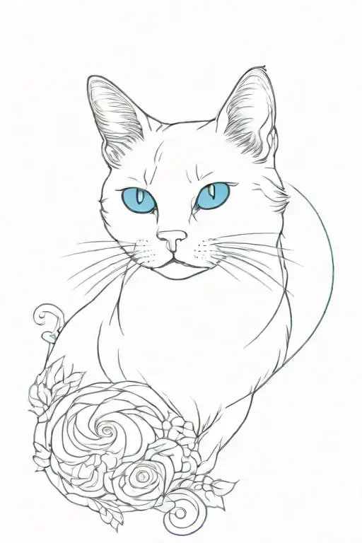 white cat with light blue eyes, fine outline, her name is Luna tattoo design idea