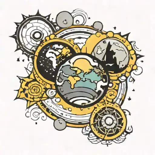 earth with the top half in color and bottom half in black and grey. the suns yellow orbit encircles the tattoo tattoo design idea