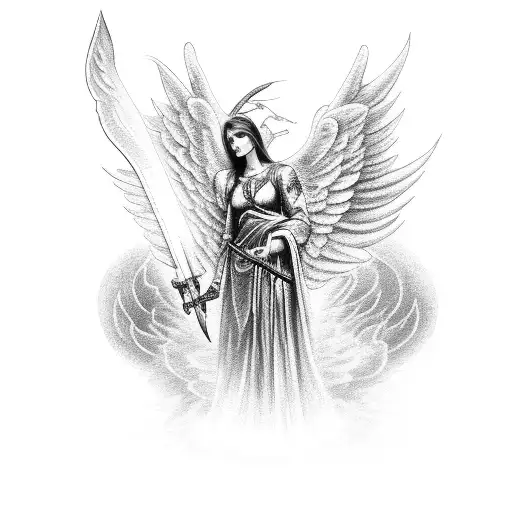 A black-grey tattoo of an angel with weapon made of money tattoo design idea
