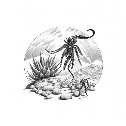 A cactus and scorpion intertwined with a kokopelli person in a desert setting tattoo design idea