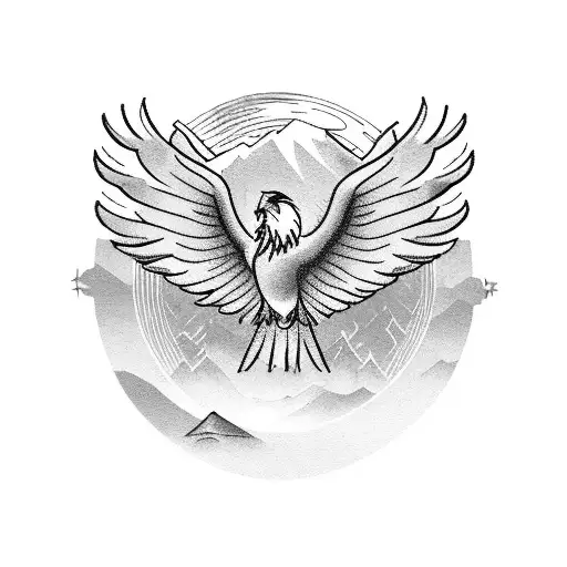 A majestic phoenix bird soaring over a mountain range in a desert landscape tattoo design idea