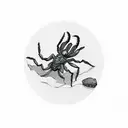 A silhouette of a scorpion crawling on a cactus against a backdrop of desert and mountains tattoo design idea