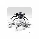 A silhouette of a scorpion crawling on a cactus against a backdrop of desert and mountains tattoo design idea