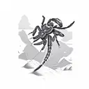A silhouette of a scorpion crawling on a cactus against a backdrop of desert and mountains tattoo design idea