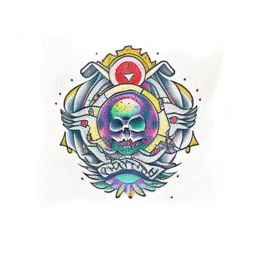 Una cruz, simbolo de radiacion, colores vivos, color negro,  tattoo design idea