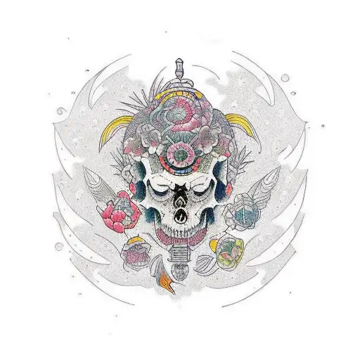 Una cruz, simbolo de radiacion, colores vivos, color negro,  tattoo design idea