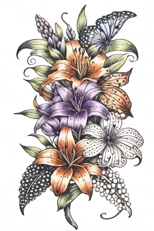 orange tiger lily, purple lilac flower, and grape hyacinth  tattoo design idea