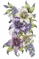 orange tiger lily, purple lilac flower, and grape hyacinth  tattoo design idea