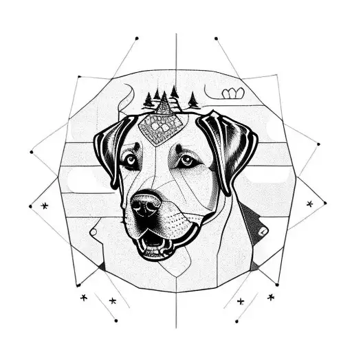 A stylized blackwork tattoo of a Labrador retriever surrounded by various animals tattoo design idea