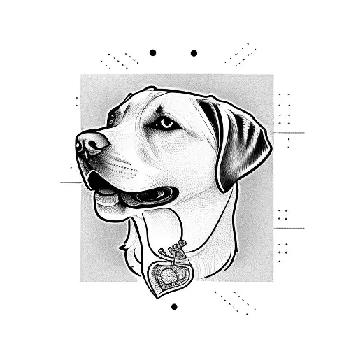 A stylized blackwork tattoo of a Labrador retriever surrounded by various animals tattoo design idea