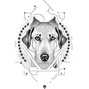 A stylized blackwork tattoo of a Labrador retriever surrounded by various animals tattoo design idea