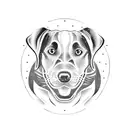 A stylized blackwork tattoo of a Labrador retriever surrounded by various animals tattoo design idea