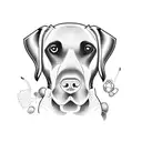 A stylized blackwork tattoo of a Labrador retriever surrounded by various animals tattoo design idea