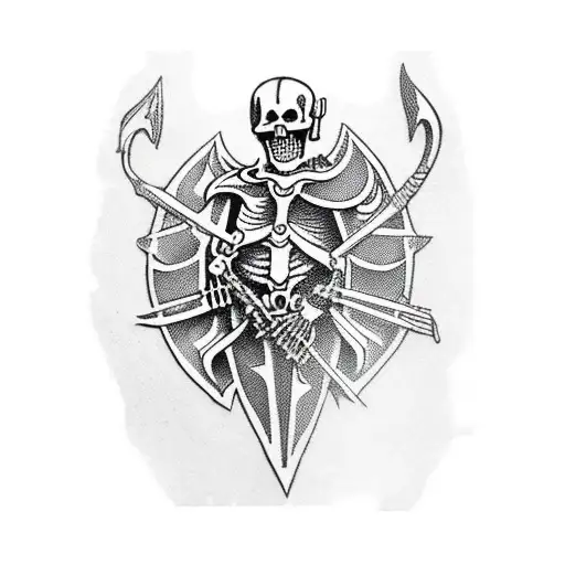 medieval woodcut design, skeleton wearing armor on a horse tattoo design idea