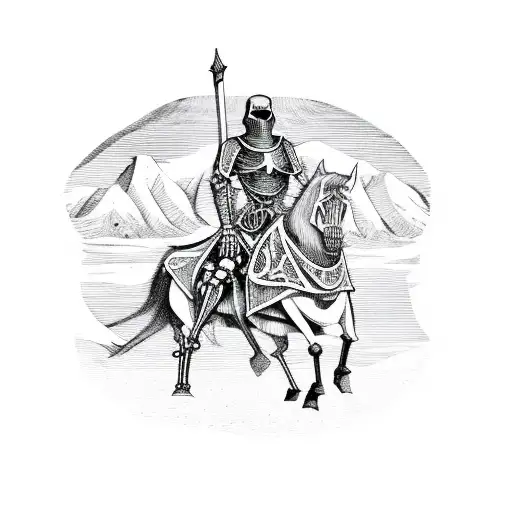 medieval woodcut design, skeleton wearing armor on a horse tattoo design idea