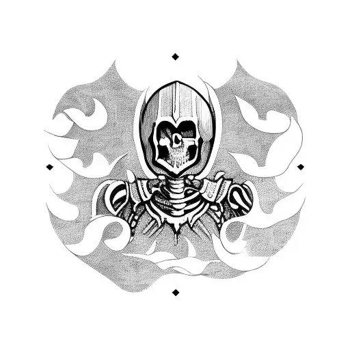 medieval woodcut design, skeleton wearing armor on a horse tattoo design idea