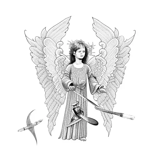 A detailed blackwork tattoo of an angel playing a sport related to trabalho tattoo design idea