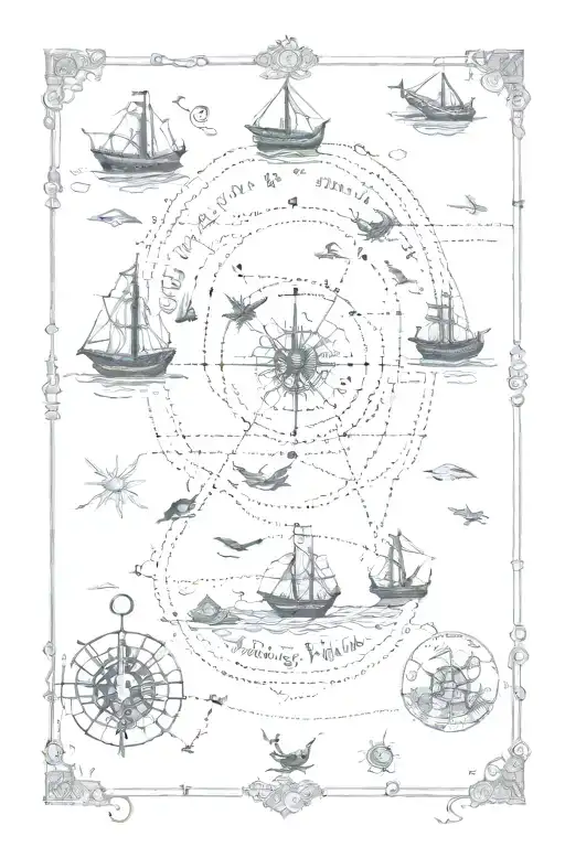 treasure map with small ships and sea creatures and with dotted lines connecting to the words "sic parvis magna"  tattoo design idea