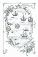 treasure map with  sea creatures and with dotted lines connecting to the words "sic parvis magna"  tattoo design idea