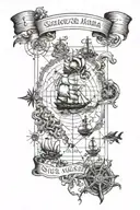 treasure map with  sea creatures and with dotted lines and the words "sic parvis magna"  tattoo design idea
