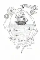 treasure map with a small ship and with dotted lines connecting to the words "sic parvis magna"  tattoo design idea