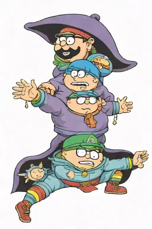 Sleeve of eric cartman in all of his different costumes tattoo design idea