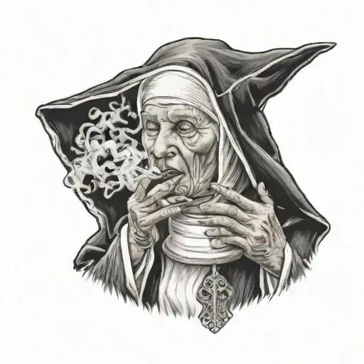 young nun with cigarette in hand exhaling smoke tattoo design idea