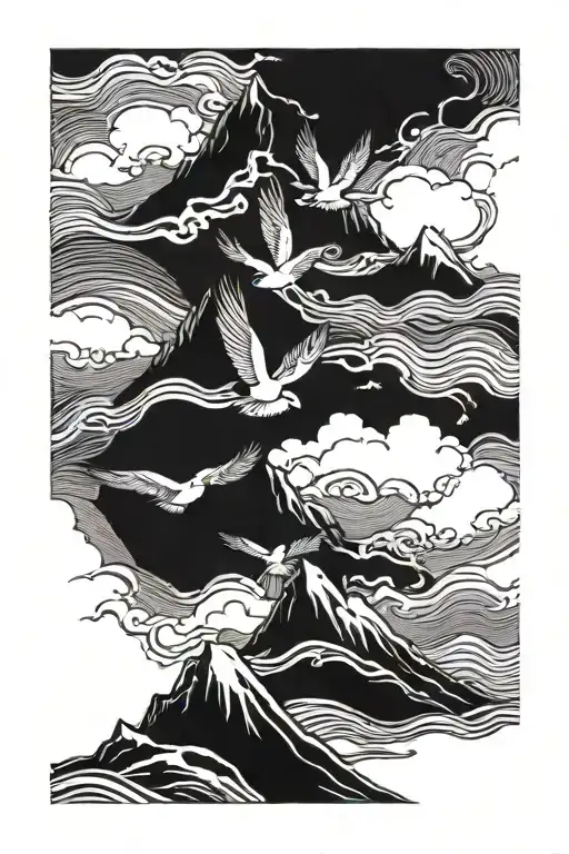 four birds flying out of a stormy sea over the mountain tattoo design idea