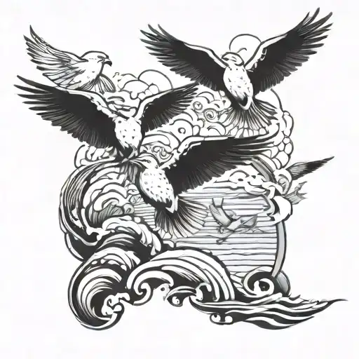 four birds flying out of a stormy sea over the mountains  tattoo design idea