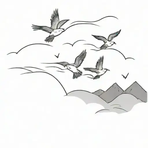four birds flying out of a stormy sea over the mountains  tattoo design idea