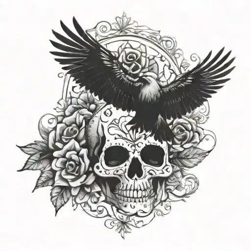 day of the dead skull with crows tattoo design idea