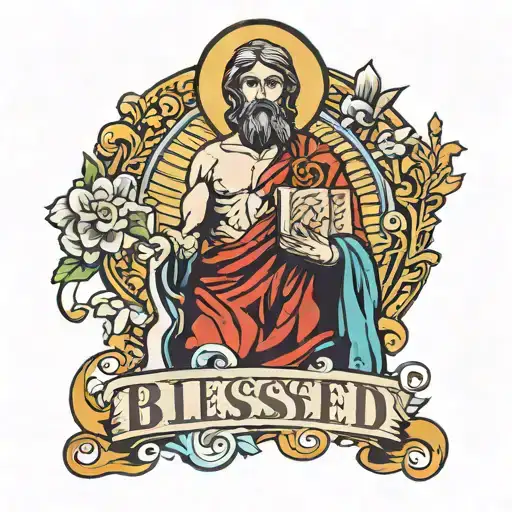 Saint Jude with letters that say blessed tattoo design idea