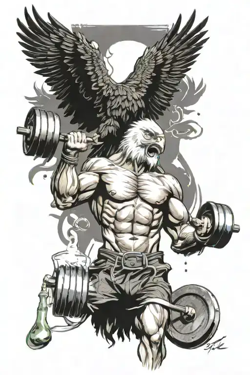 A muscular eagle lifting weights in a gym, surrounded by cocktail ingredients tattoo design idea