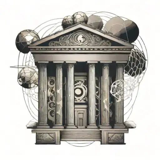 Ancient greek building, electromagnetic wave, atom, universe, planets tattoo design idea