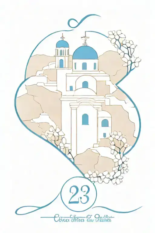  wedding in Santorini on 28 October 2023. include the date, blue domes from Santorini, a heart and a wedding ring. tattoo design idea