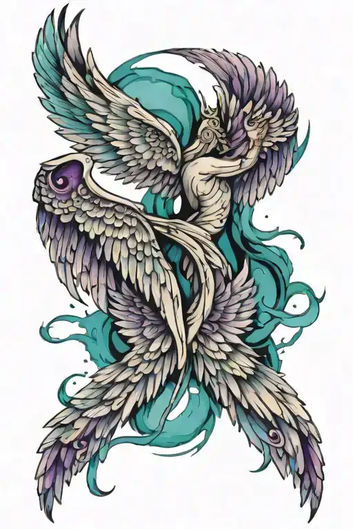 angel wings, one side broken wings with teal and purple water color tattoo design idea