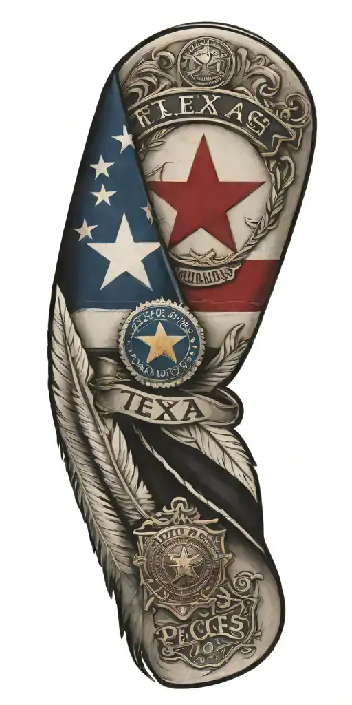 Texas flag with police badge and 10 individual feathers hanging with the initials HJT and WRT incorporated  tattoo design idea